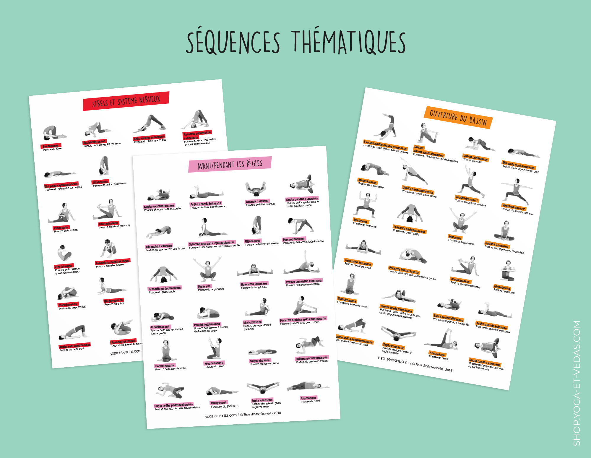 12 planches A4 de postures de yoga - Séquences thématiques - Shop Yoga&Vedas